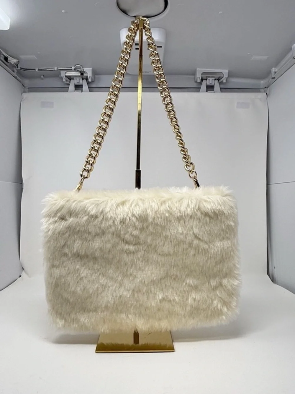 Cream Faux Fur Shoulder Bag with Gold Chain Strap